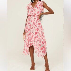Misa Dakota Floral Midi Dress Pink Smocked Waist Flowy Ruffle Feminine Small